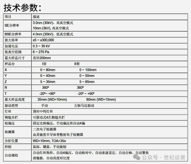 扫描电镜设备参数